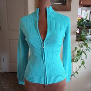 Vintage Y2K Aqua Rhinestone Zip Up Bodycon Sweater Cyber Angel Cyber Pop